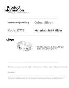 Detail of irregular texture and dimensions on S925 sterling silver open ring