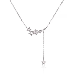 Elegant S925 sterling silver star pendant necklace with cubic zirconia and long tassels