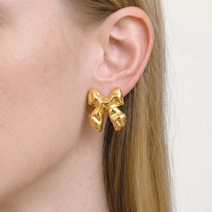 Bow Stud Earrings 304 Stainless Steel Liquid Metal Texture Molten Gold Finish Waterproof Hypoallergenic Chic For Women