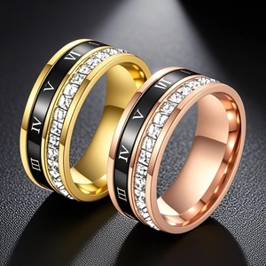 Dames Titanium Staal Ring Romeinse Cijfers Patroon Vergulde Roestvrijstalen Ring Met Strass Retro Ins Stijl Vinger Sieraden Cadeau