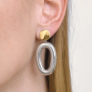 Two Tone Oval Pendant Earrings 304 Stainless Steel Exaggerated Geometric Drop Earrings Waterproof For Women