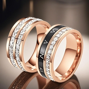 Elegant rose gold stainless steel rings featuring Roman numerals and sparkling crystals