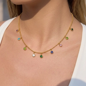 Golden double layer bead chain necklace with colorful zircon pendants for women