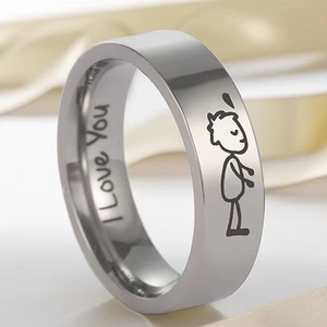 Anillo de acero inoxidable para hombre grabado con I Love You y diseño de caricatura
