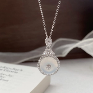 Elegant S925 sterling silver necklace with white chalcedony pendant and pavé zircons