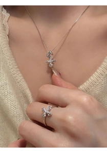 Detail view of S925 silver Fleur-de-lis cross necklace and matching zircon ring set
