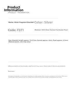 Detailed size specifications for S925 silver bracelet with garnet and pearl accents