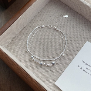 S925 sterling silver double-layer star bracelet with beaded chain and extension