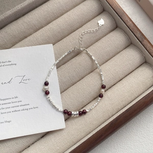 S925 sterling silver beaded bracelet with natural garnet and pearls for women