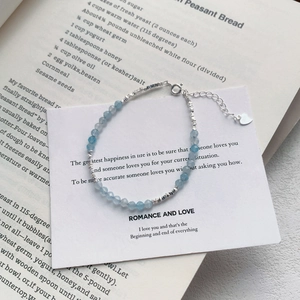 Bracciale in argento sterling S925 con perle di acquamarina blu e ciondolo a cuore