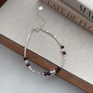 S925 sterling silver beaded bracelet with red garnet and freshwater pearls for women