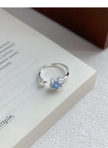 Detail eines S925 Silber Sternrings mit blauem Edelstein auf weißem Buch