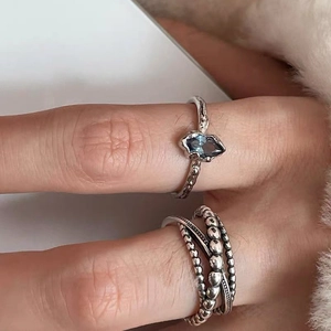925 silver irregular sapphire ring set with blue marquise stone and beaded layers