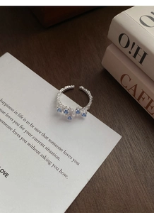 Detail of S925 silver irregular crinkle ring set with square light blue zircon gemstones