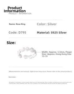 Detailed S925 sterling silver rose ring specifications with width and size measurements