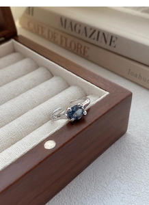 Detailed macro of S925 silver ring with oval blue gemstone and vintage texture arm