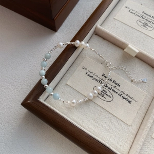 Bracelet en Argent Sterling S925 Perle d'Eau Douce Aigue-marine Femme Tempérament Doux Luxe Léger Fait à la Main