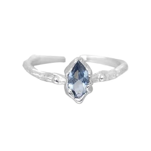 Irregular 925 sterling silver ring with marquise cut blue sapphire and branch texture