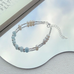 Bracelet en argent sterling S925 avec aigue-marine bleue et perles d'eau douce blanches