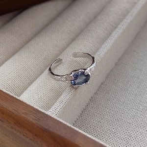 S925 Sterling Silver Irregular Hammered Texture Open Ring For Women With Oval Blue Zirconia Inlaid Adjustable Finger Ring Jewelry