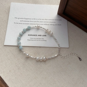 Bracelet en argent sterling S925 avec perles d'aigue-marine naturelles et perles d'eau douce