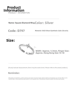 Detailed size specifications for the S925 sterling silver square zircon striped ring