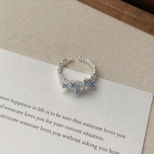 925 Sterling Silver Irregular Wrinkle Ring Blue Cubic Zirconia Adjustable Open Ring For Women Vintage Artistic Texture Jewelry