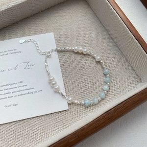 Bracelet en argent S925 avec perles d'aigue-marine naturelle et perles d'eau douce