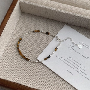 Minimalist 925 Sterling Silver Bracelet Natural Tiger Eye Stone Beads Adjustable Chain Heart Pendant Jewelry For Women