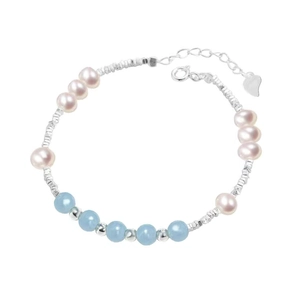 Bracelet élégant en argent S925 avec aigue-marine, perles d'eau douce et breloque cœur