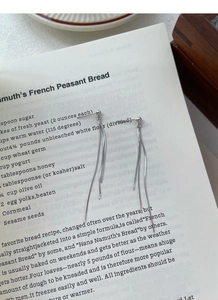 Detail of S925 sterling silver ball stud earrings with long tassel chains on a book