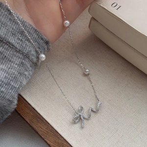925 Sterling Silver Zirconia Bowknot Artificial Pearl Necklace Elegant Clavicle Chain For Women Daily Party Wedding Jewelry Gift