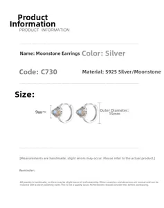 Macro detail of S925 sterling silver moonstone earrings with 15mm diameter size specs