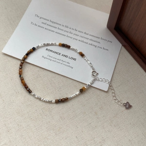 S925 Sterling Silver Bracelet with Natural Tiger Eye Stone Beads and Heart Charm