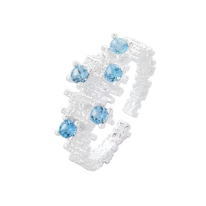 S925 sterling silver open ring with irregular texture and five light blue zircons