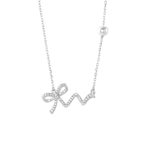 925 sterling silver bow and W letter necklace with zircon and white pearl accent