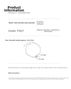 Detail view of S925 sterling silver double-layer bracelet with moonstone and black onyx heart