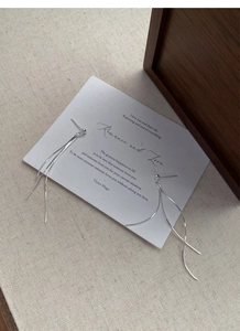 Detail of silver long chain tassel earrings displayed on a vintage prop card