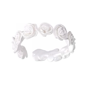 Minimalist S925 sterling silver open ring featuring vintage matte white rose garland design