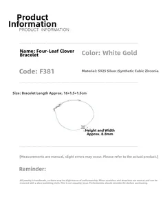 Detailed spec card for S925 silver clover bracelet with blue cubic zirconia charms