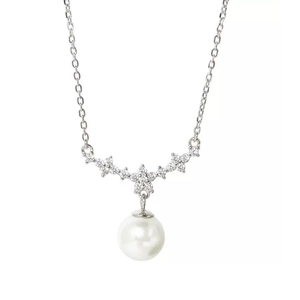 Elegante collana in argento sterling S925 con fiore di diamanti e ciondolo di perla bianca