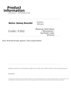 Detailed product specifications and size chart for the Galaxy Moonstone S925 Silver Bracelet
