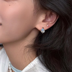 S925 sterling silver moonstone hoop earring and stud set on model with french vintage style