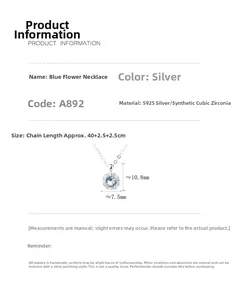 Détail du collier fleur en argent S925 taille 10,8x7,5mm avec zircon bleu brillant