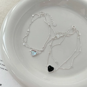 S925 Sterling Silver Double Layer Heart Moonstone Black Agate Bracelet For Women Minimalist Sweet Elegant Jewelry Gift