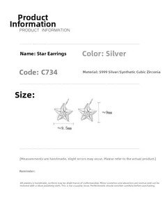 Tableau des tailles pour boucles d'oreilles étoiles en argent S999 avec zircone