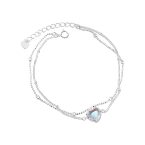 Double-layered S925 sterling silver heart bracelet with iridescent moonstone pendant