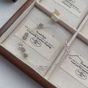 S925 sterling silver beaded bracelet with moonstone and star charm in jewelry box