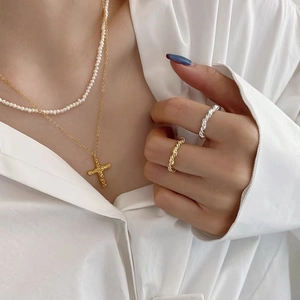 Minimalist S925 silver knot rings with cross necklace and pearl layering jewelry set