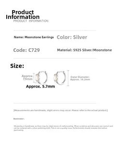 Detailed size specifications for S925 silver hoop earrings with moonstone inlay